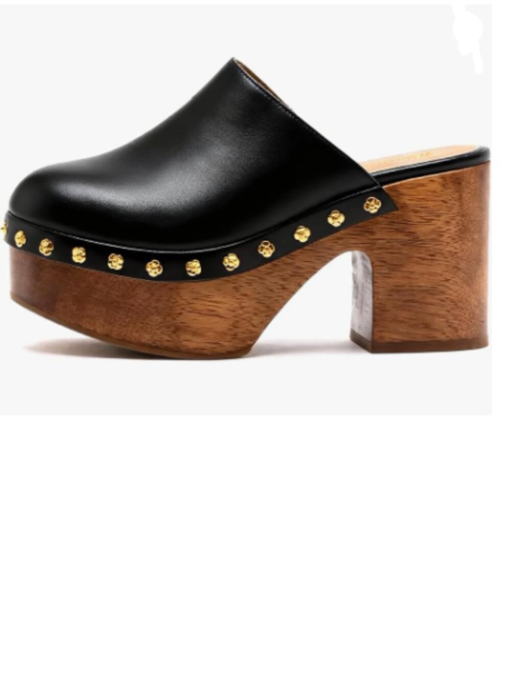 Wansseny Black Round Toe Studded Platform Slip on Cork Chunky High Heel Mule